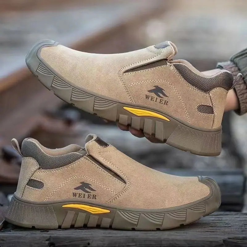

Мужские повседневные рабочие защитные ботинки со стальным носком, сварочная обувь из коровьей замши, без шнуровки, рабочие ботильоны, защитная обувь