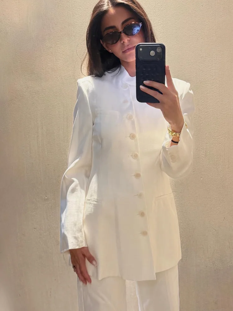 

White Slanted Placket Single Breasted Jacket Round Neck Long Sleeve Mid Length Blazer Spring Summer New 2026 Thin Commuting Coat