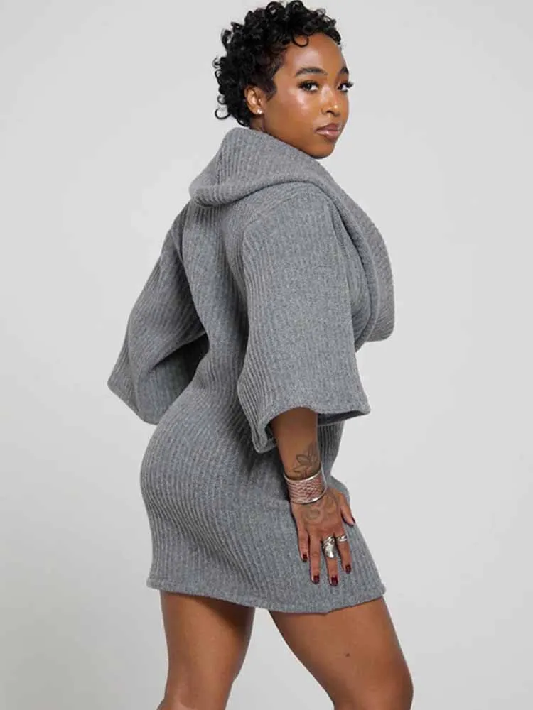 BKQU-vestido suéter gris con cuello oscilante para mujer, minivestido elegante y Sexy con cuello en V y media manga de murciélago, vestido de noche de fiesta