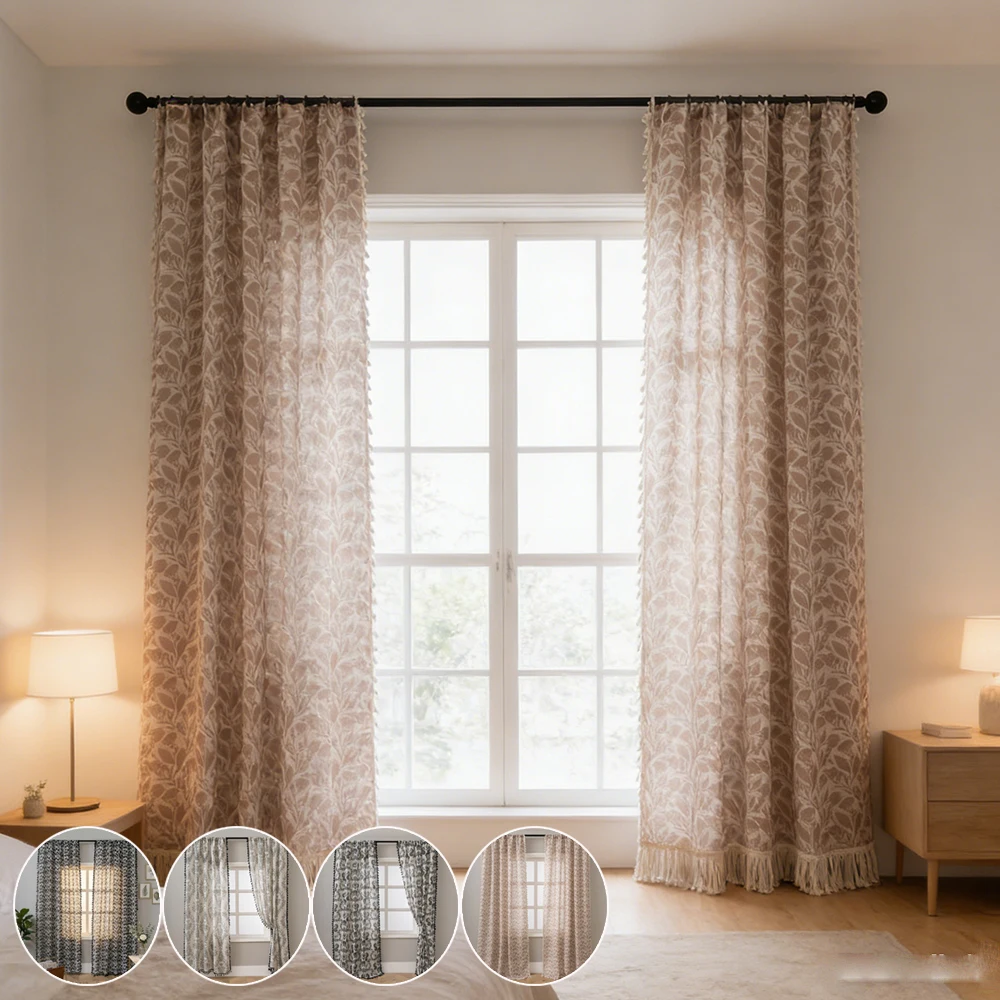 

New 1/2pcsLinen Countryside Floral Pattern Black Coffee Lace Curtain Panel - Privacy & Light Filtering, Machine Washable 반차광 커튼