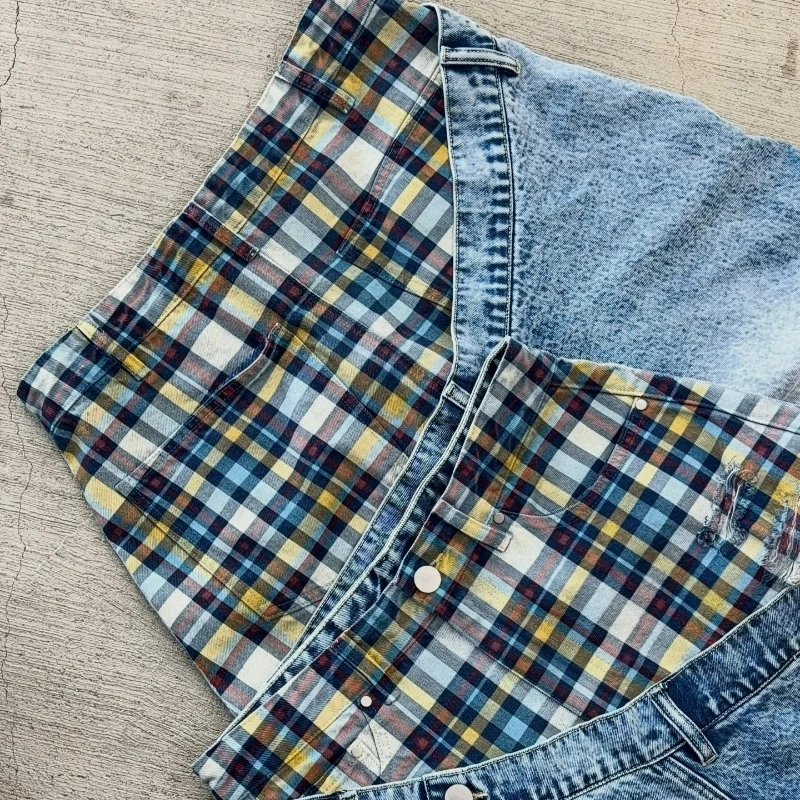 Jeans baggy Y2K à coupe oblique, patchwork à carreaux rétro, pantalon large pour hommes et femmes, streetwear hip-hop américain, jeans décontractés unisexes