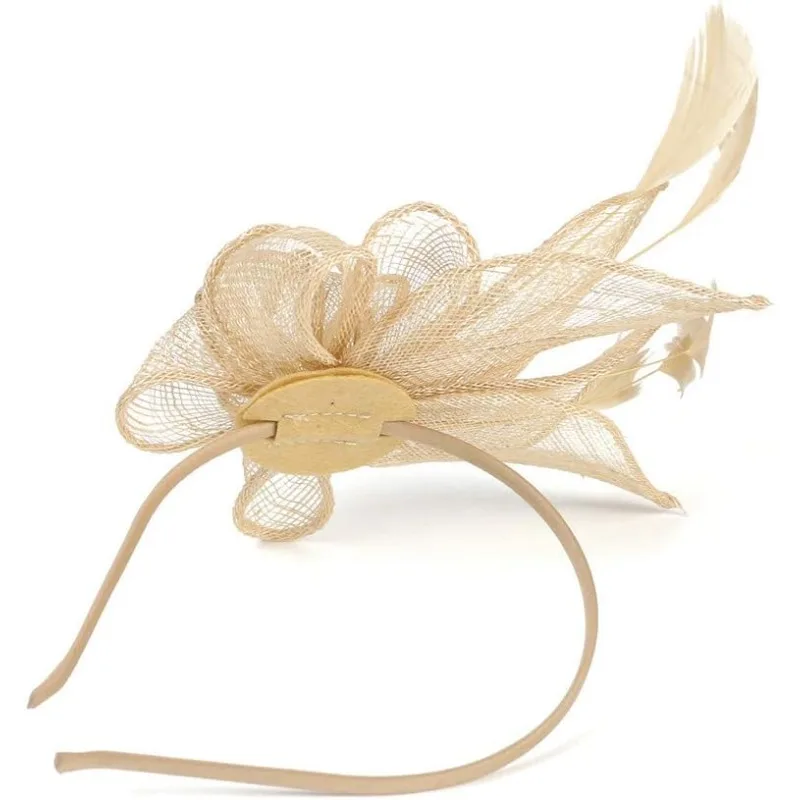 أحدث قبعة نسائية أنيقة بحزام على شكل زهرة وريشة للحفلات ومشبك شعر وإكسسوارات عقال للنساء (ذهبي، مقاس واحد)