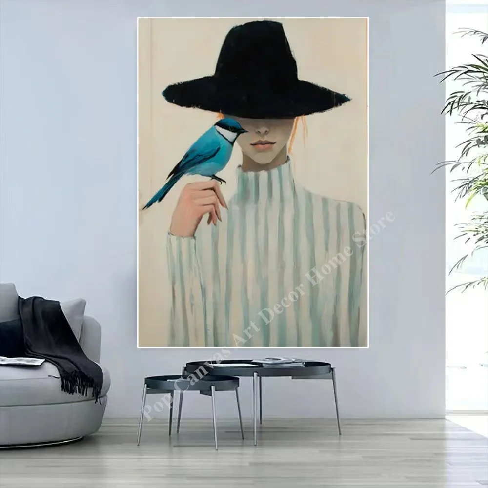 

Hand-Painted Woman with Bird Portrait Oil Painting, Modern Minimalist Canvas Wall Art, Neutral Tone Living Room Home Decor