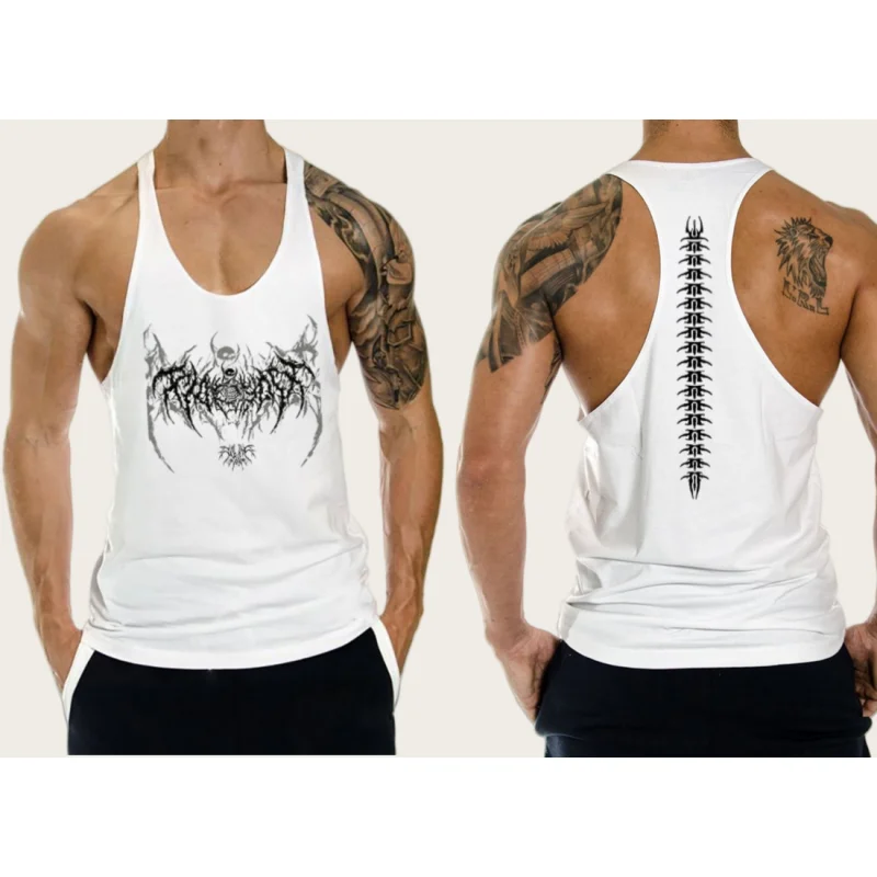 2025 신상 코튼 운동 짐 베스트 - 남성용 머슬 민소매 스포츠웨어, 앞뒤 프린트 스트링거, 보디빌딩 피트니스