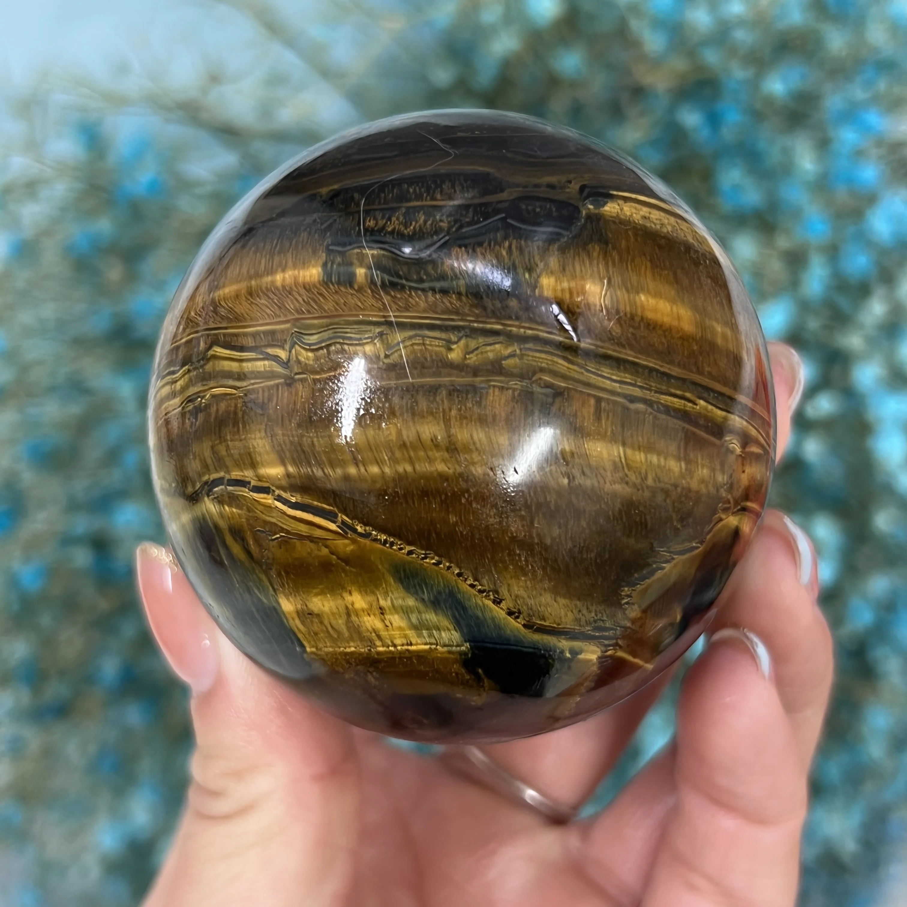 Dark Yellow Blue Rare Tiger Eye Quartz Crystal Healing Sphere Home Decor