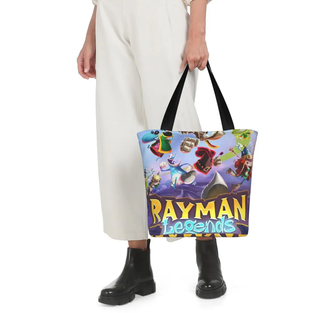حقيبة تسوق من ألعاب الرسوم المتحركة Rayman Legends حقيبة كتف من القماش ذات سعة كبيرة للمتسوقين وحقيبة يد للبقالة للنساء