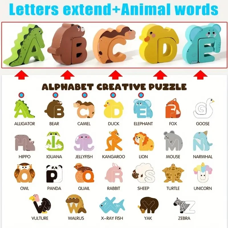 52pcs Wooden Alphabet & Animal Puzzle - Educational ABC Sort & Stack Matching Game for Children Fine Motor Holiday Gift