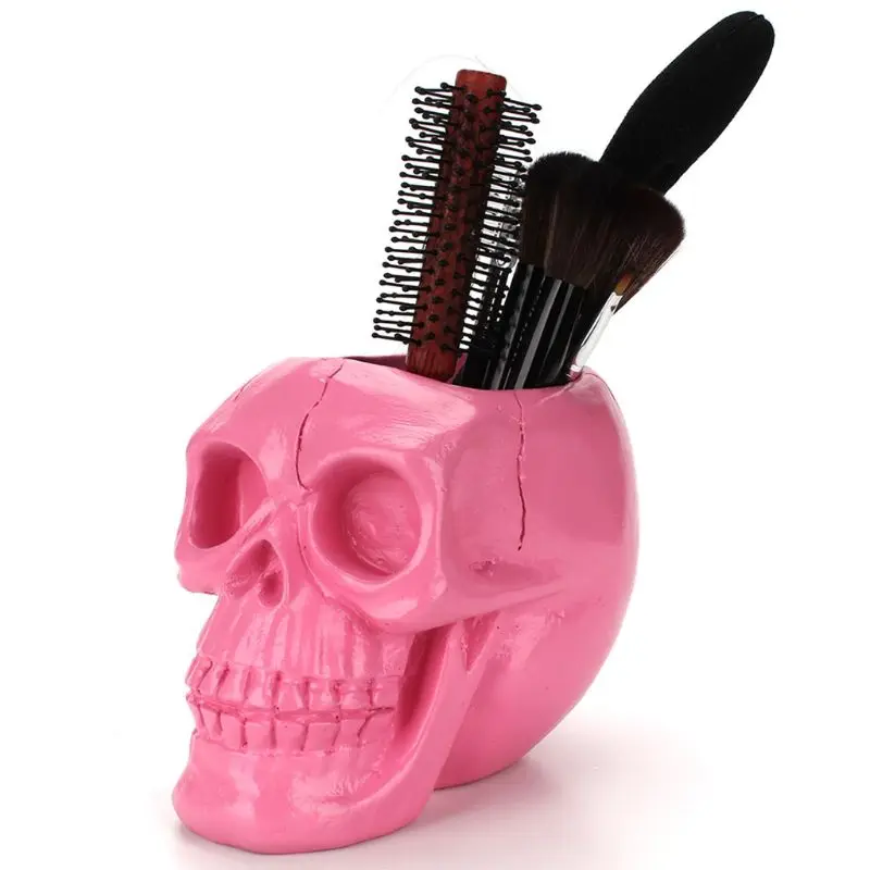 for Creative Pink Skull Ornament Skeleton Pen Holder Desktop Pencil Makeup Storage