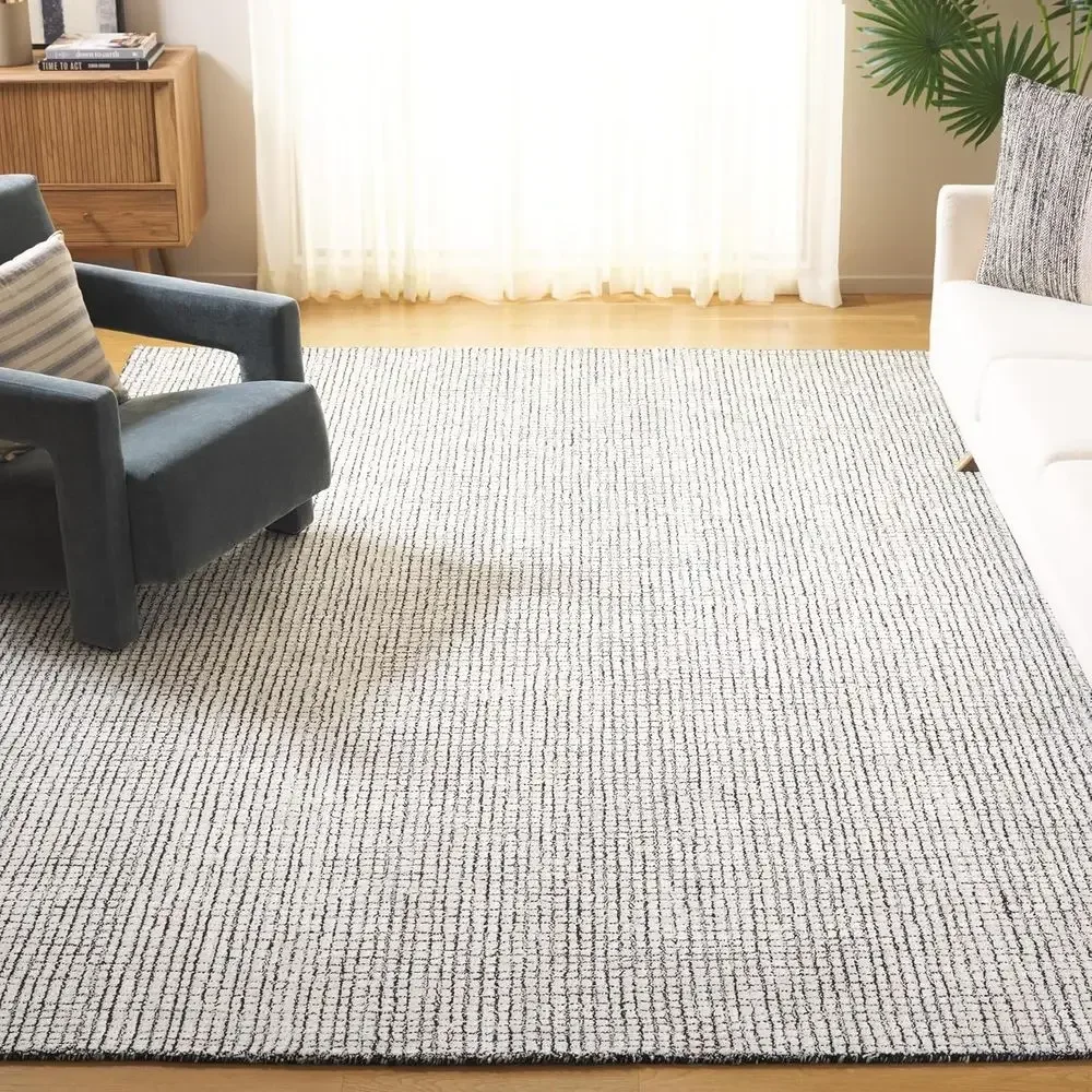 Large Abstract 8x10 Area Rug - Ivory and Black, Handcrafted Wool & Viscose, Perfect for Living Room, Bedroom, Office, Dining Are