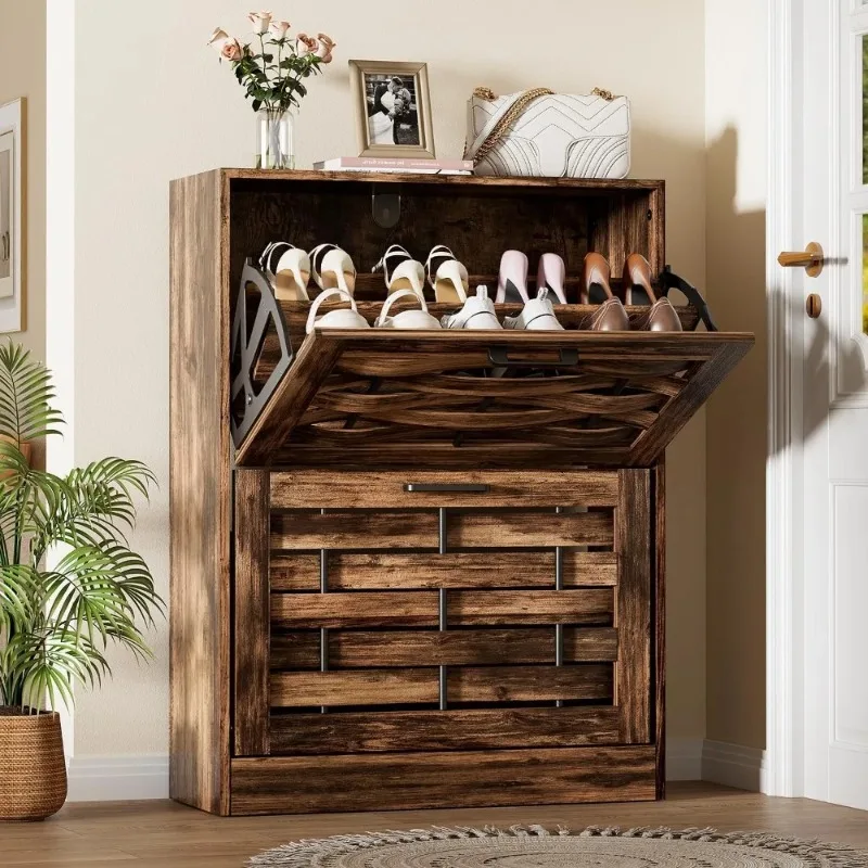 shoe cabinet storage, freestanding shoe organizer for entryway with 2 flip drawers, freestanding hidden shoe cabinet