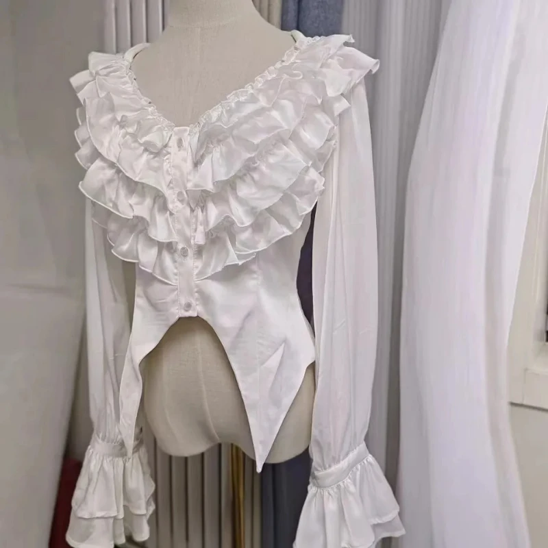 Vintage Viktorianischen Lolita Stil Shirts Frauen Elegante Gothic V-ausschnitt Flare Hülse Blusen Weibliche Y2k Ästhetischen Casual Tops Blusas