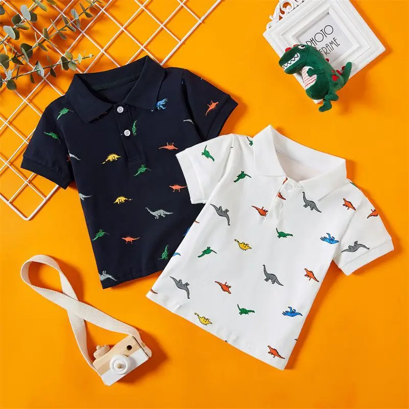 Cartoon Dinosaur Print Polo Kids Boys Summer Short Sleeve Cotton T Shirt Casual Outwear Top Tee Kids Clothes Toddler Boy Shirt