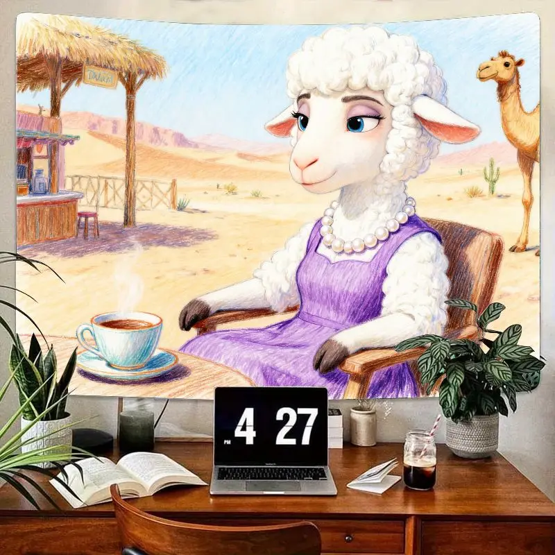 

1 шт. причудливая овца в фиолетовом платье-гобелен, настенное искусство для кафе-кафе в пустыне, элегантный домашний декор с животными для гостиной, спальни