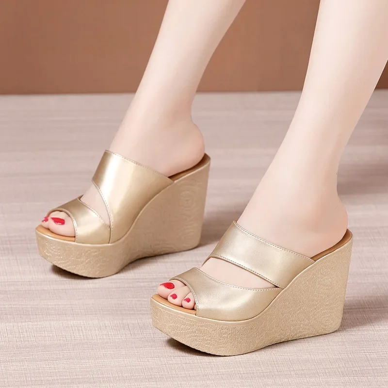 11cm Extreme High Heels Slippers Women Chunky Wedges Shoes for Wedding Office Model 2024 Summer Platform Slides Small Size 32-43