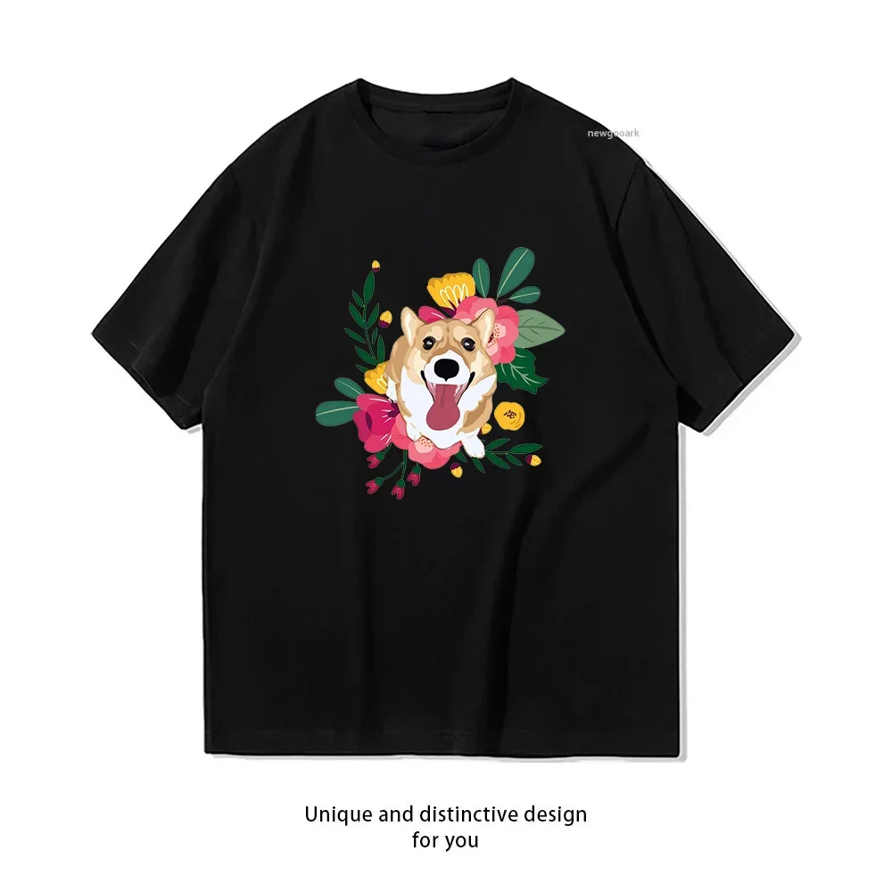Happy Corgi Floral Shirt Woman Man Summer Cotton Graphic T Shirts Adult Streetwear Camisetas Tops Tee Breathable Casual