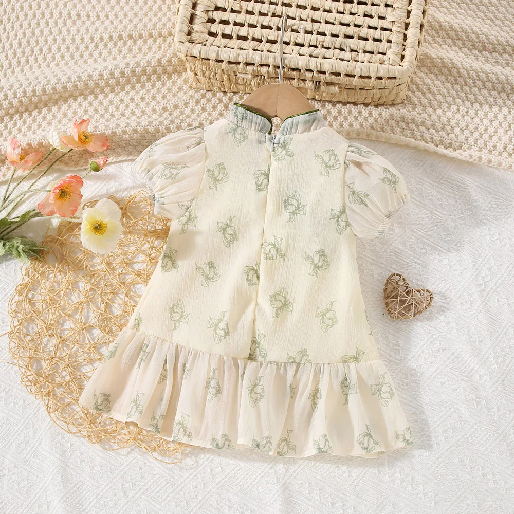 Summer New Girl Baby Dress Chinese Style Mesh Light and Thin Ancient Style Qipao Dress Bubble Sleeves Bowtie Lace Fold Sweet