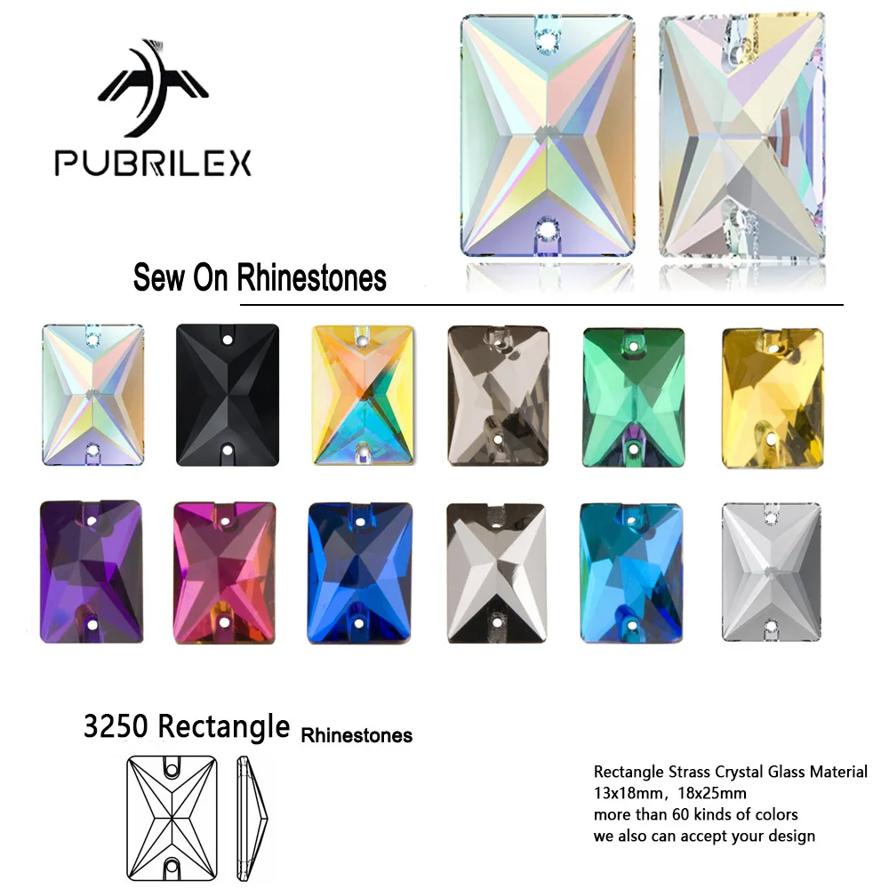 Pubrilex 3250 Rectangle Sew On Rhinestone Glass Strass Colorful Flatback Sewing Rhinestones for Garment Clothes Jewellery