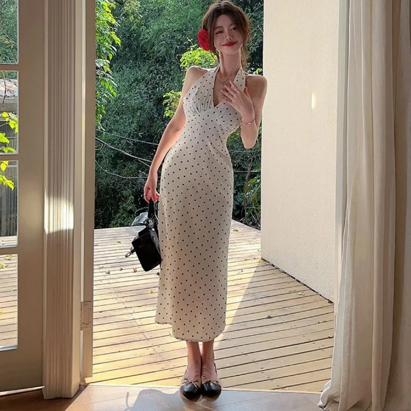 Damen Sommer V-Ausschnitt Polka Dot Neckholder Langes Kleid Figurbetontes Rückenfreies Neckholder-Modekleid Urlaubskleid für Frauen