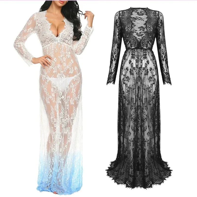 Vintage Sexy Women's Maxi Dress Transparent Lace Deep V Neck Long Sleeve See through Beach Photography Prop Gown view 4