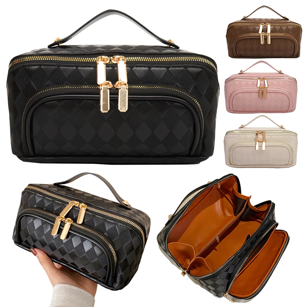 Neceser sencillo para mujer, bolso de almacenamiento de maquillaje con entramado de diamantes, bolsa de maquillaje de gran capacidad con apertura grande, bolsa de viaje para mujer