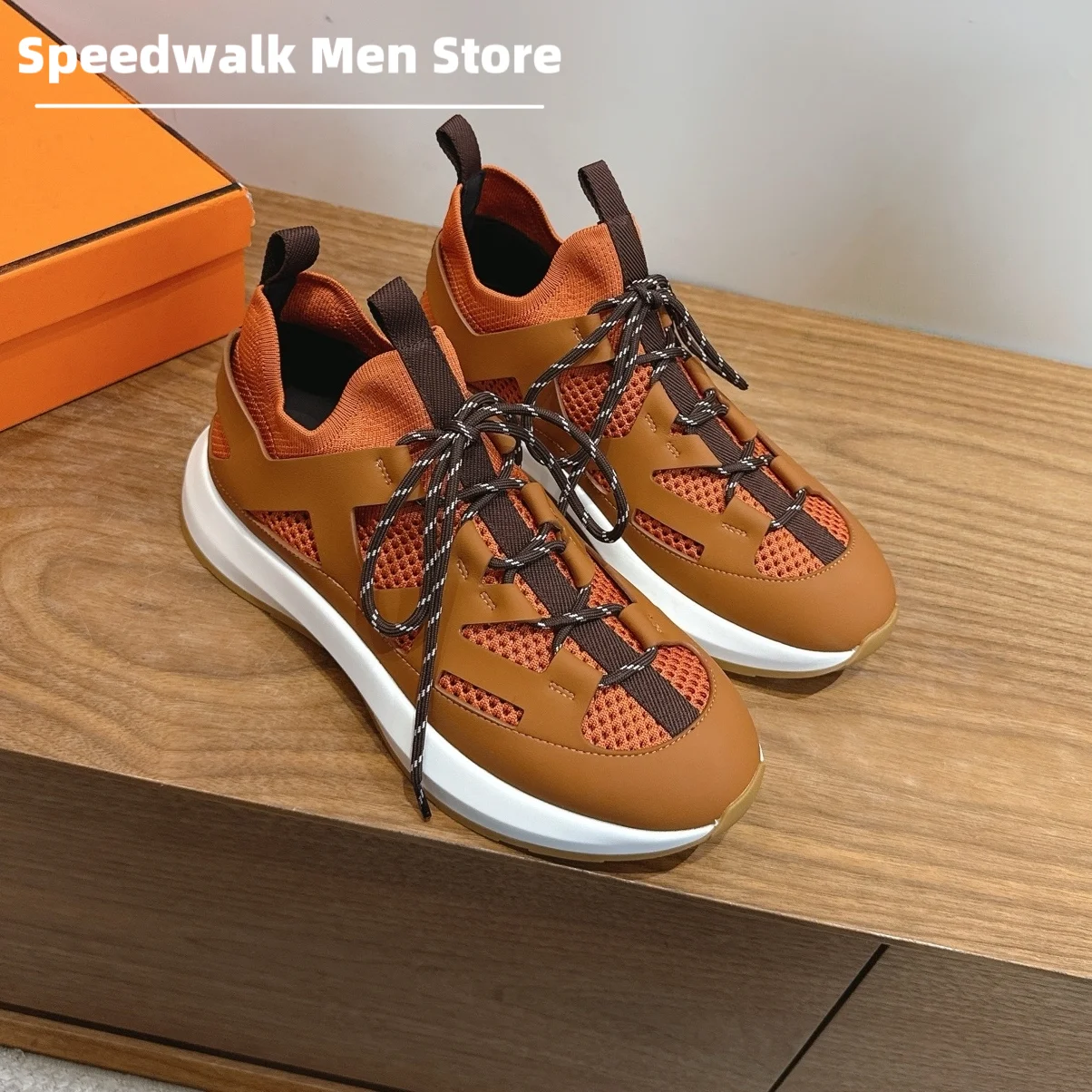 2026New Men Hollow Cutout Lace Up Platform Sneakers Breathable Mesh Inner Contrast Strap Retro Daily Walking Fashion Shoes