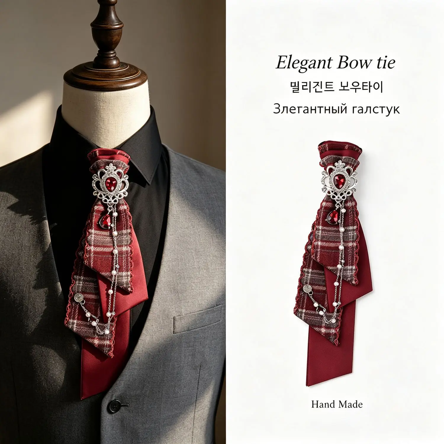 Retro NeckTie Rhinestone Shirt Decorative Accessory College Style British Grils Collar Pearl Chain Necktie for Women Men Jewelry