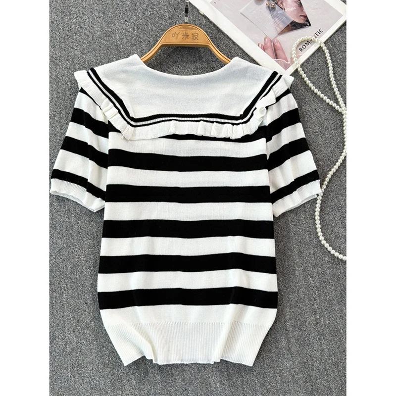 Camiseta de manga corta a rayas con cuello de muñeca para mujer, ropa de punto Simple, dulce, combina con todo, Top delgado y elástico, nueva moda de verano
