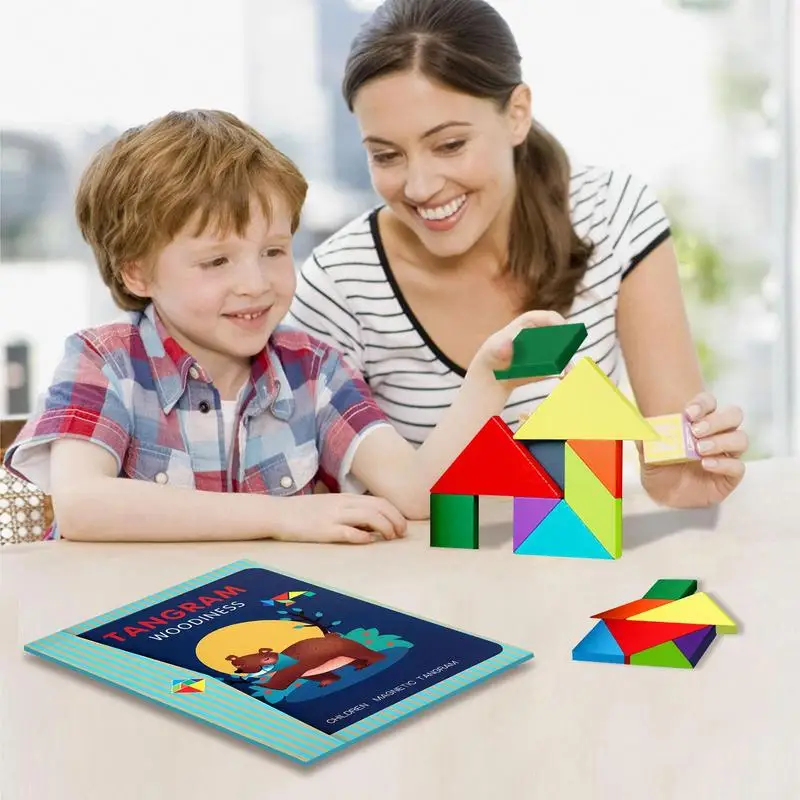 Tangrams For Kids Ages 4-8 Wooden Tangram Pattern Block Puzzle Travel Games For Kids In Car Plane Educational Learning Puzzles