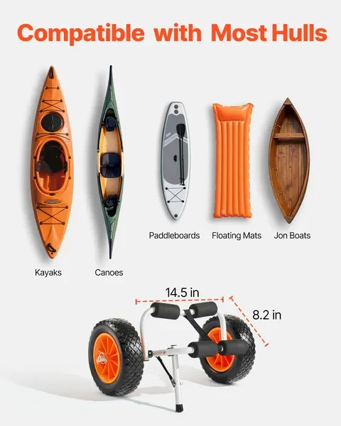 Carrello per kayak, 200 libbre, carrello pieghevole con pneumatici da 10' e cinghia a cricchetto