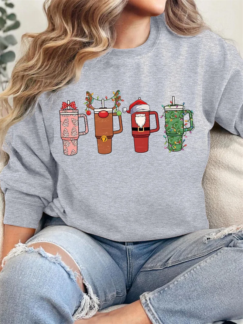 New cotton winter women's Christmas cup Green cup printed festive vintage round neck long sleeve fleece hoodie