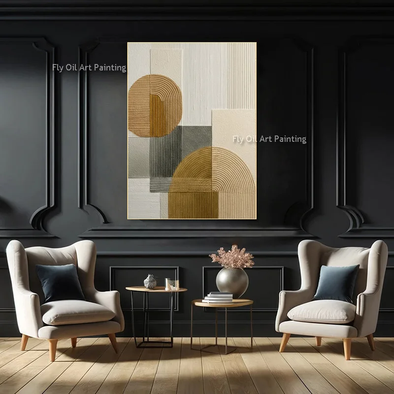 Handmade Half-Circle Relief Canvas Art, Textured Block Abstract Oil Painting, Modern Decor For Apartment Hotel
