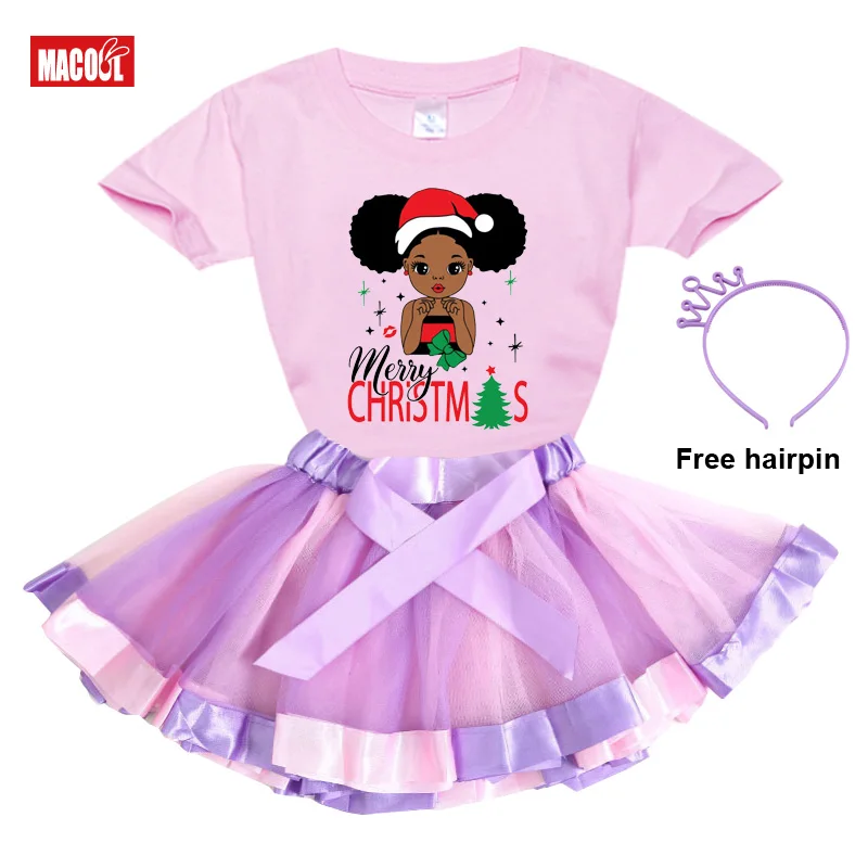 

Girls Dress Sets Party Casual Dress Black African Curly Hair Girl Short Sleeve Printed T-shirt+Dress+Hairpin Christmas Present