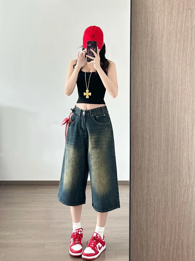

American High Street Vintage Wide Leg Seven-Foot Jeans Women Summer High Waist plus Size Slimming Loose Straight Short Pants