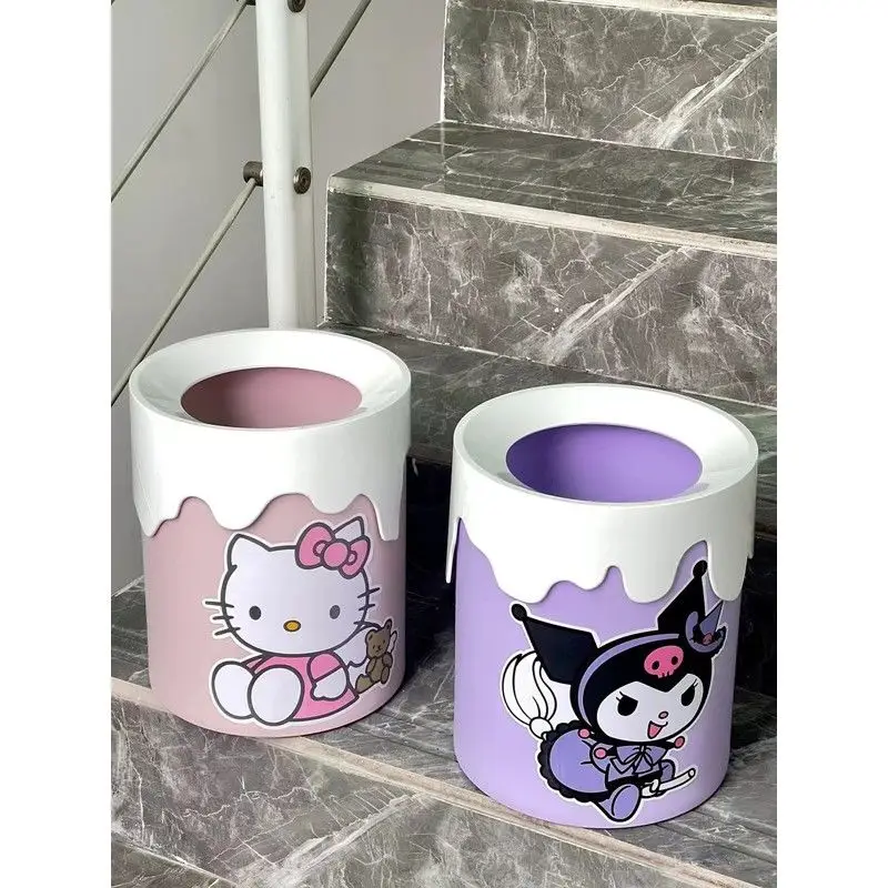 9L Hellokittys Trash Can Cute Pink Cream Sanitary Bin Paper Basket Kuromi Wastebasket Cleaning Bucket Food Waste Storage Bin