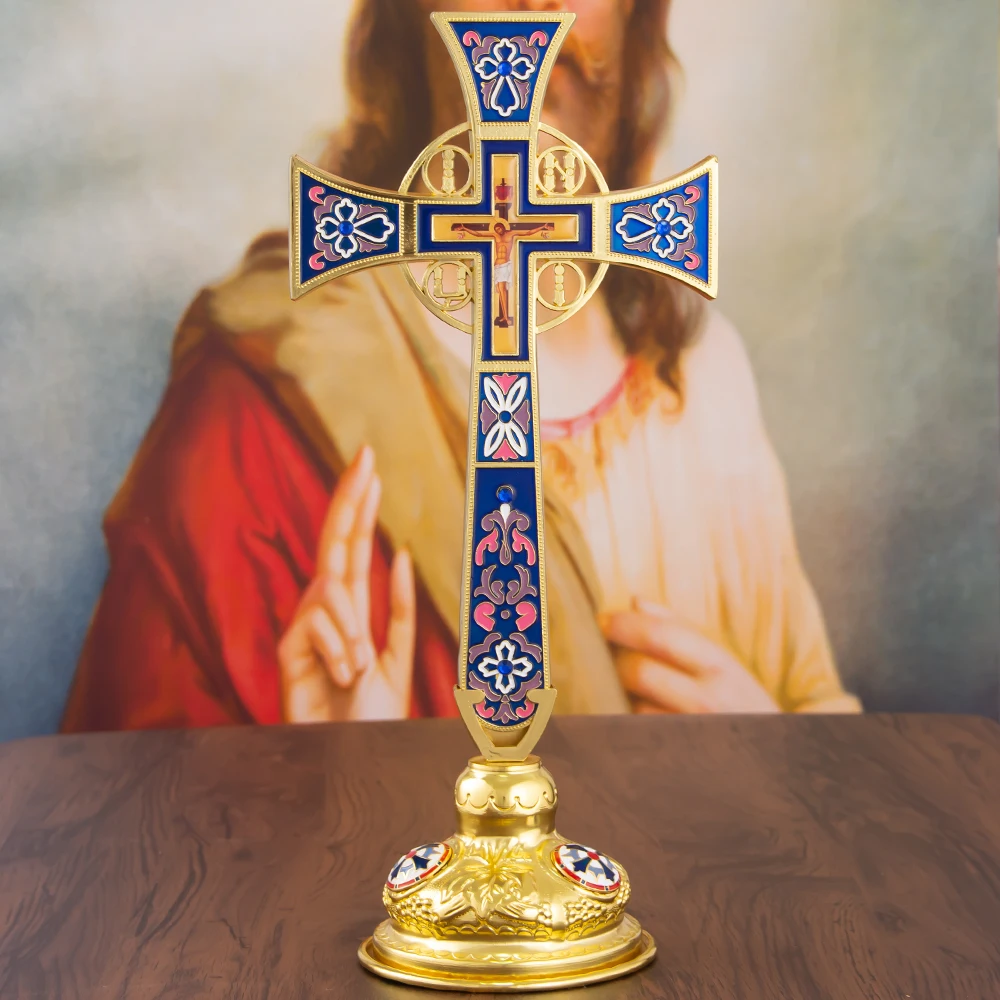 HTISOK Orthodoxes Altarkreuz im Byzantinischen Stil, Vergoldet, Emailliert, Stehendes Jesus-Kruzifix zur Kirchendekoration, Orthodoxes Kreuz – Detail 14