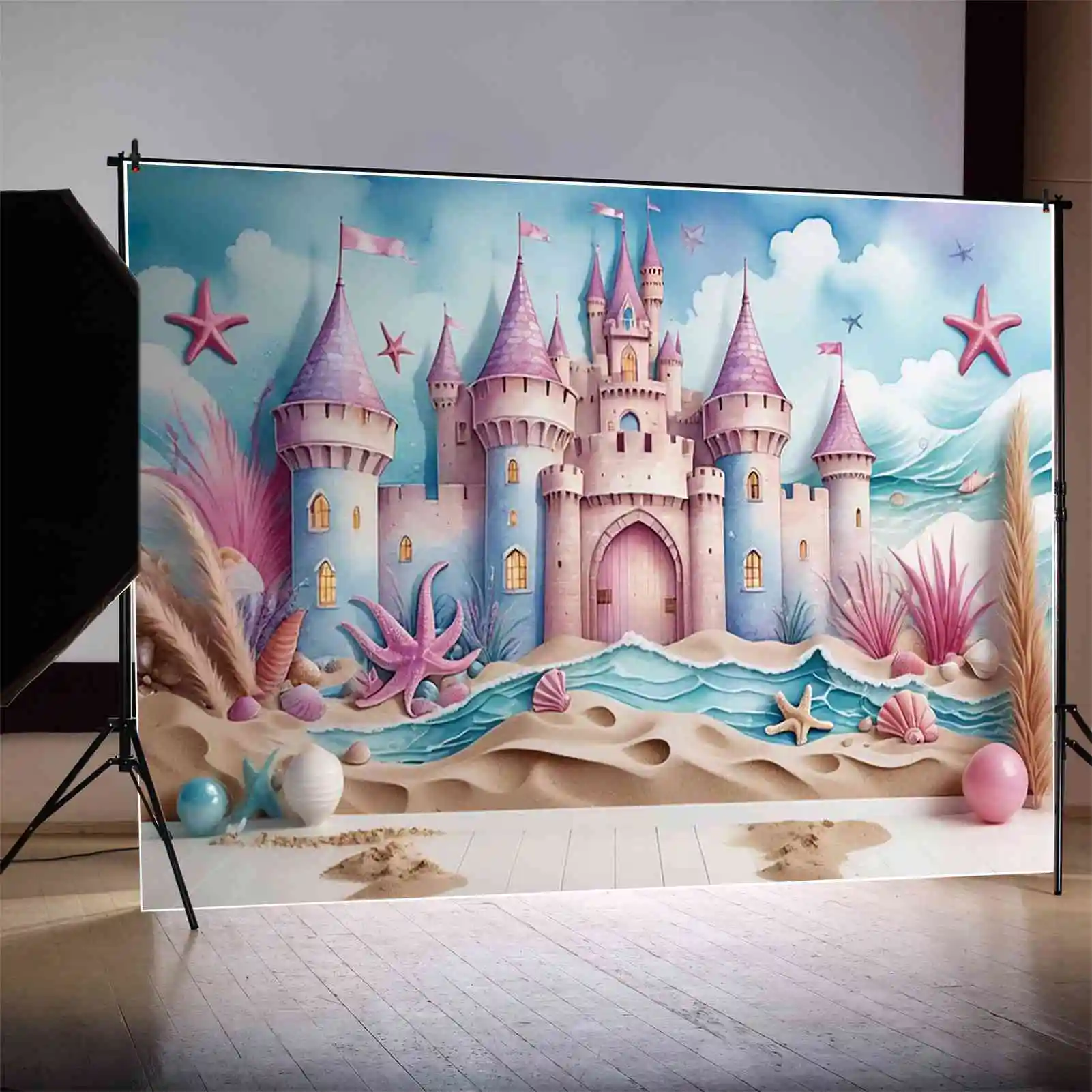 MOON.QG Summer Beach Birthday Party Backdrop Mermaid Princess Castle Shell Sand Background Custom Candy Land Photography Props