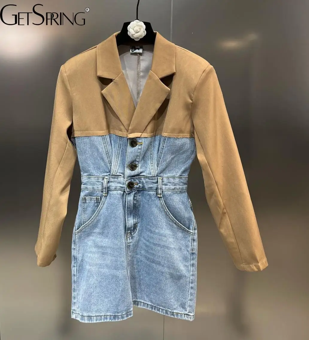 

Getspring Women Dress Notched Collar Denim Stitched Single Breasted Long Sleeve Suit Dress Fashion Ladies Mini Dresses Autumn