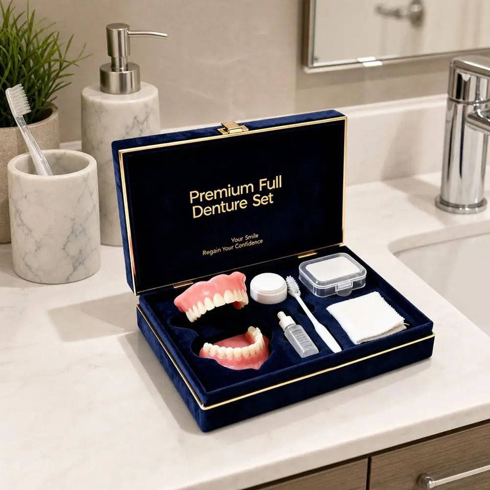 Premium Full Denture Set Natural Cosmetic Teeth Kit Realistic Upper Lower Teeth With Cleaning Tools Comfort Fit Daily Wear