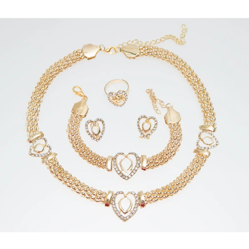 Free Shipping Dubai  Gold Color Heart Shape Necklace Set Fashion Crystal Wedding Bridal Costume Jewelry Ses