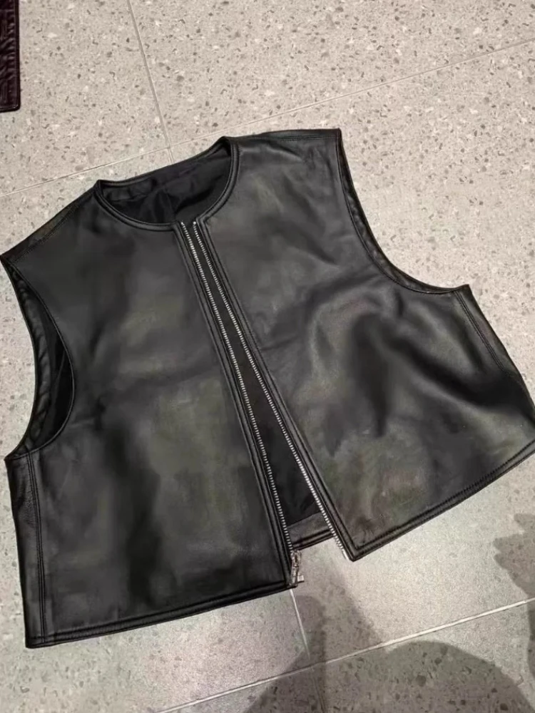 Sleeveless Vest Cardigan Women Clothing O-neck Zipper Leather Waistcoat 2025 Ropa Mujer Fashion Black PU Tanks Vintage Crop Top