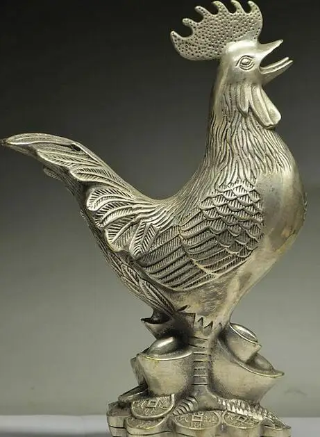 

DELICATE CHINESE SILVER COPPER HANDWORK CARVED ROOSTER & COIN STATUE