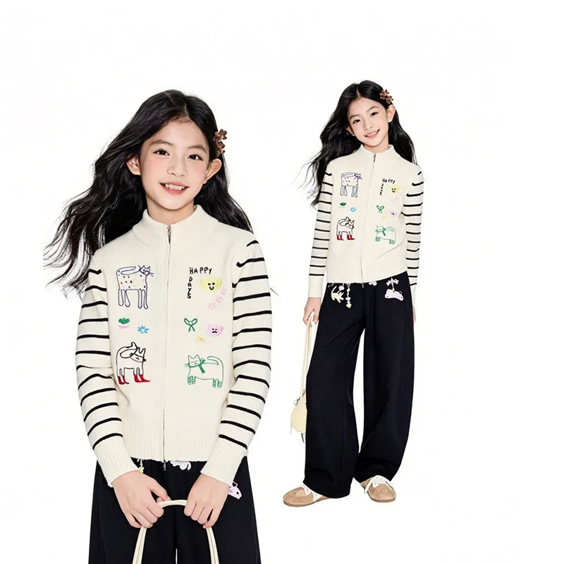 Girls' Cat Embroidery Sweater, New Autumn Product, Stylish Casual Versatile Cardigan for Older Children
