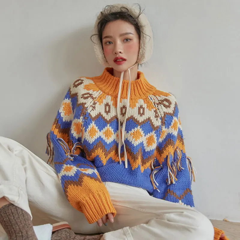 

Шикарный длинный вязаный свитер в стиле ретро с круглым вырезом и кисточками, цветной дизайн, осень-зима, модный женский трикотаж