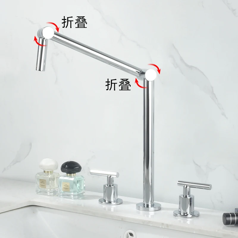 Modern 8 Inch Basin Sink Faucet Deck Mounted Three Hole Bathroom Folding Sink Faucet Double Handle Hot and Cold Mixer Tap Chrome