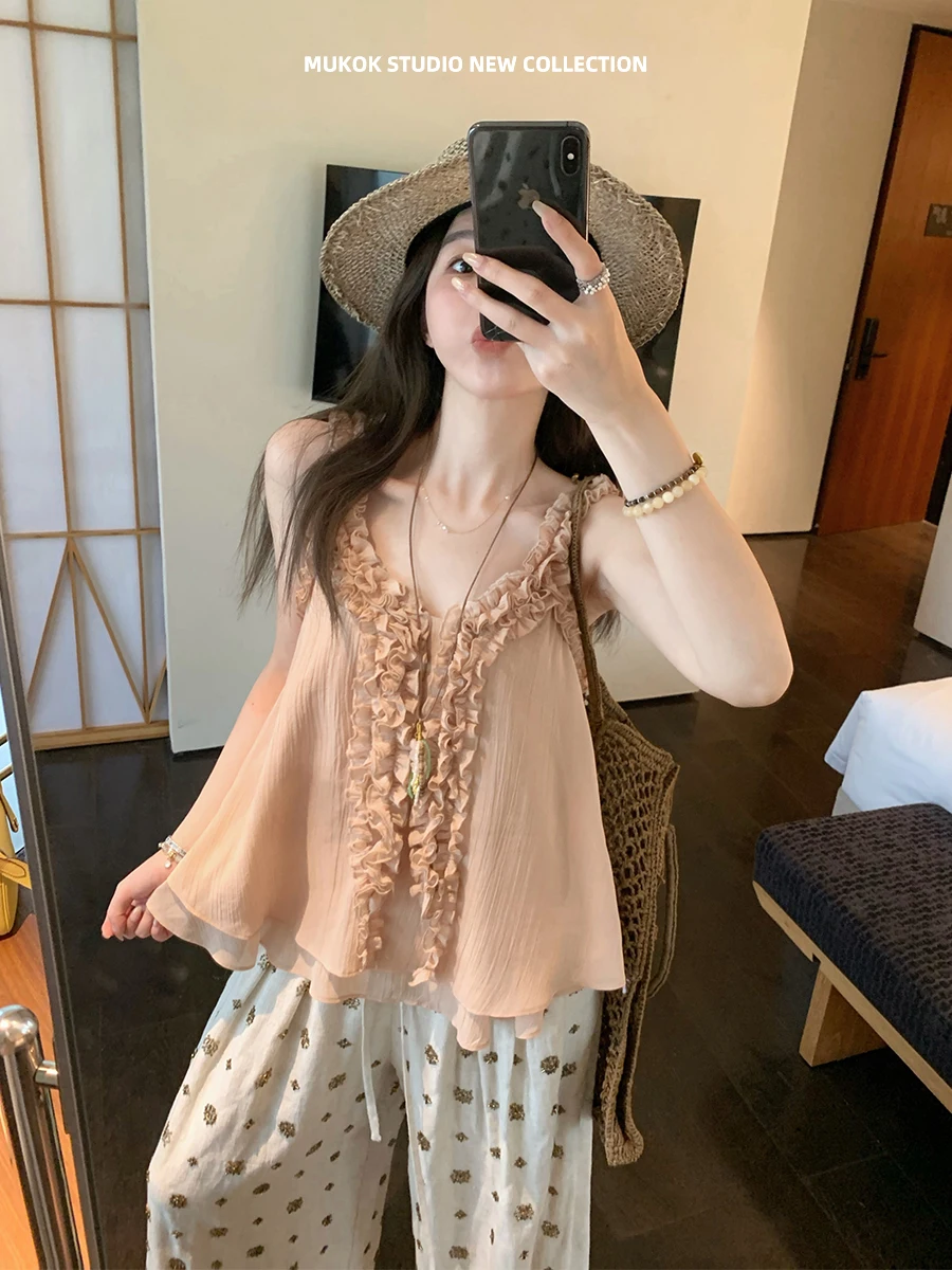 MUKOK Ruche Detail Off-Shoulder Top Summer New Style Sleeveless Women Outerwear Casual Comfortable Breathable V-neck Dress