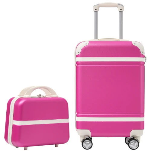 20 IN Hardside Luggage with Cosmetic Case , 2 Piece Lightweight Suitcase Set with Spinner Wheels, Carry on Vintage Luggage,Pink