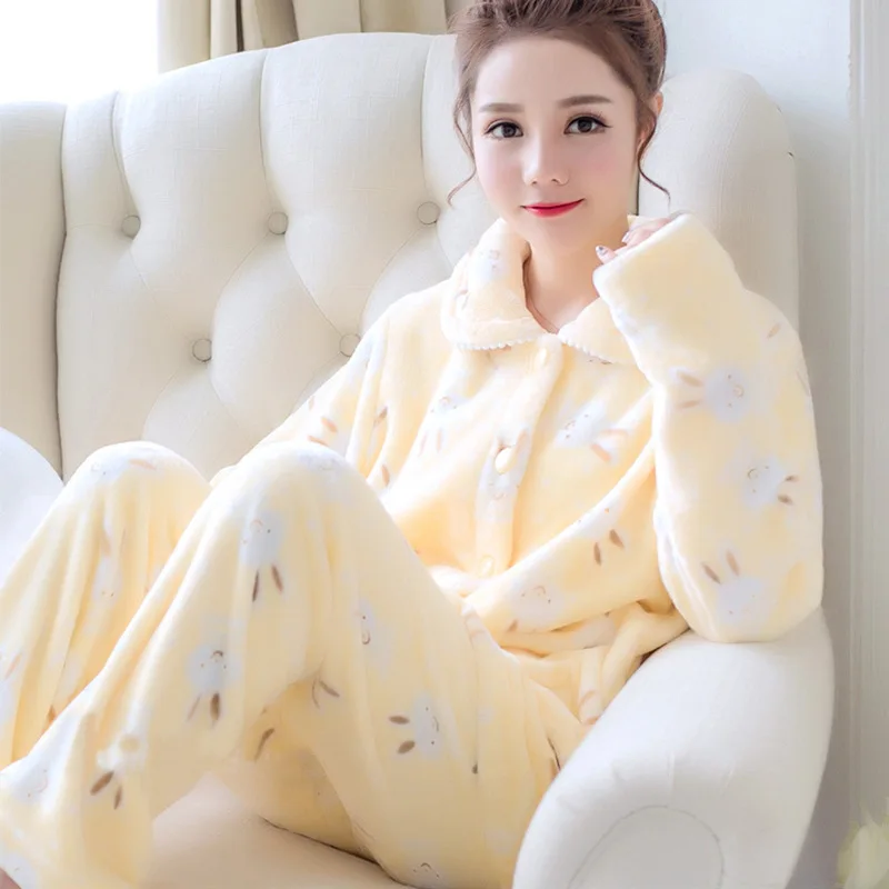 New Women's Autumn and Winter Warm Pyjamas Homewear Suit Coral Velvet Pajamas Girls Padded Thickened Sweet Flannel Homewear