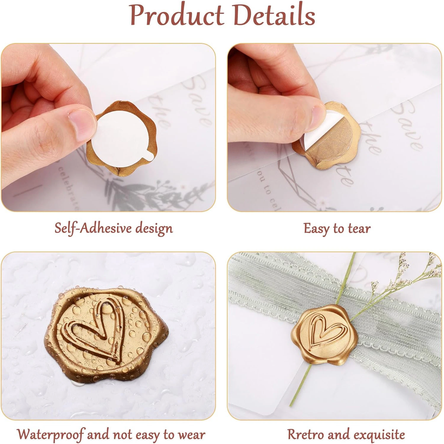 50/100pcs Heart Wax Seal Stickers, Envelope Seal Stickers Envelope Seals Self Adhesive Gold Stickers for Wedding Party Birthday