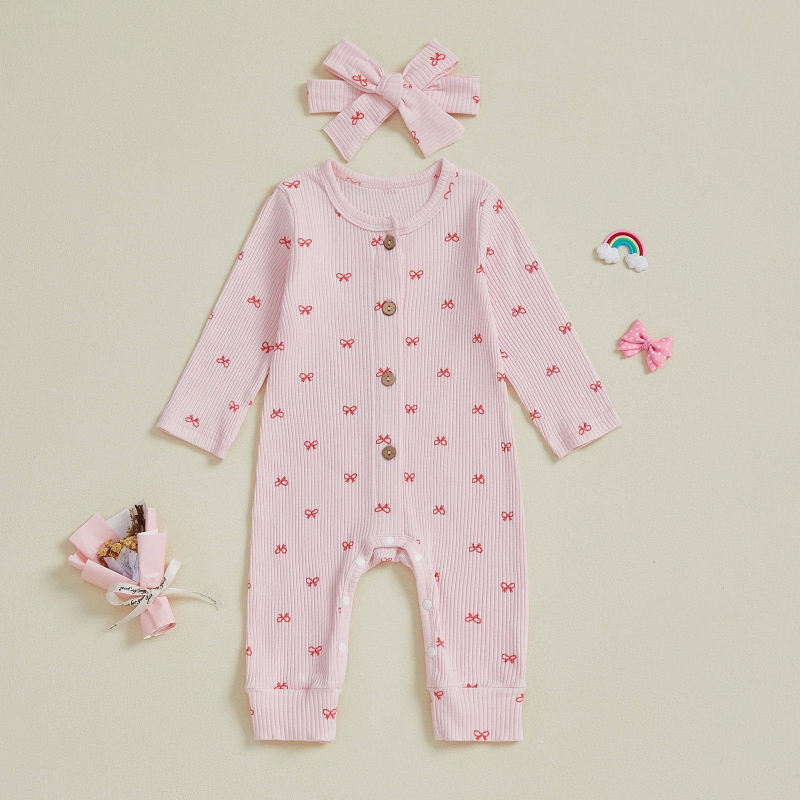 ملابس للفتيات حديثي الولادة بفيونكة مطبوعة وأكمام طويلة بدلة رومبير مضلعة مع عصابة رأس على شكل فيونكة ملابس ربيعية للأطفال الرضع #2
