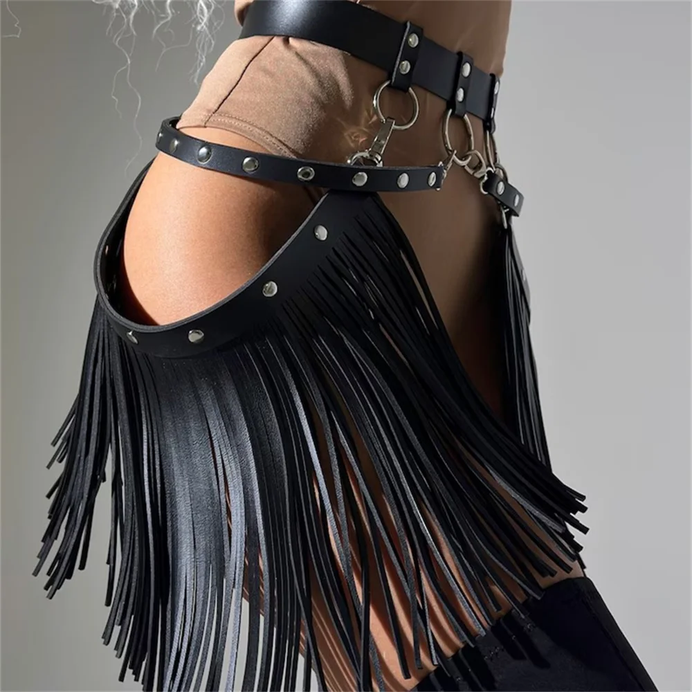 

Fullyoung Tassels Leather Cage Skirt With Fringe Body Fetish Sexy Harness Women Bondage Party Suspender Belt Goth Christmas